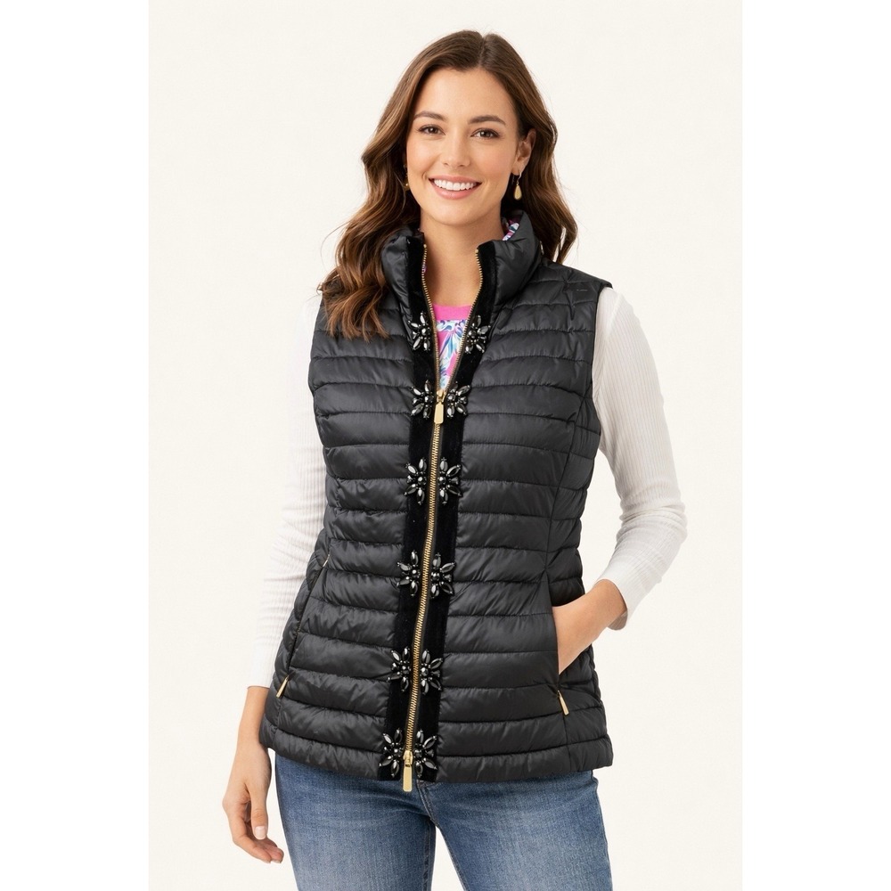 Lilly Pulitzer Black Quilted Puffer Vest Sz XXS Beaded Zip Floral Lined